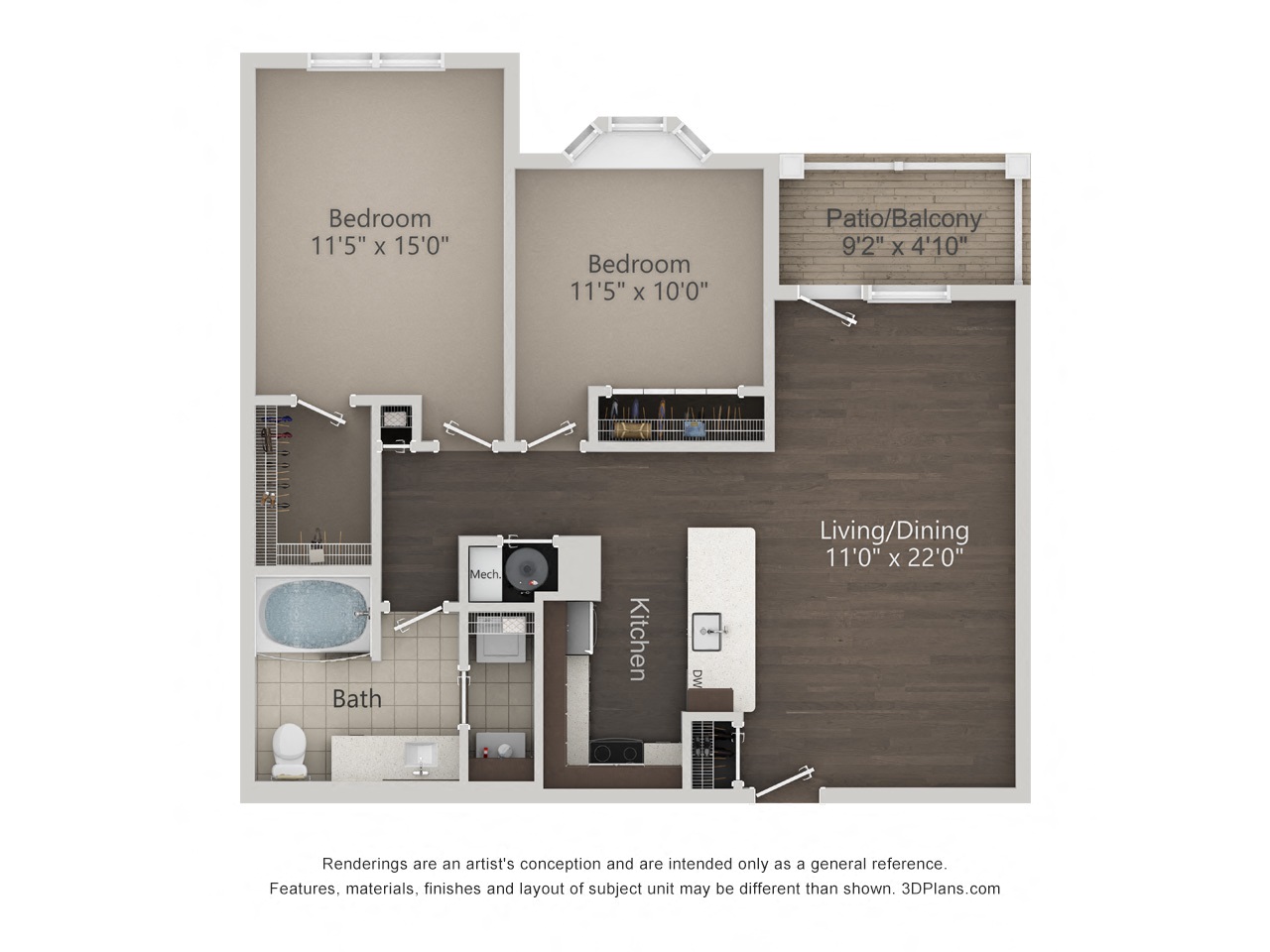 Floor plan for 2 beds, 1 bath, 1037 sqft